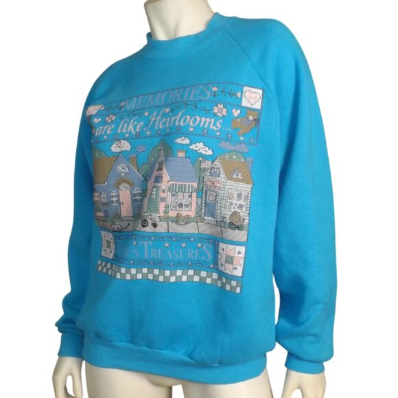 MEMORIES/PRECIOUS TREASURES Sweatshirt, L, Aqua Blue, Vintage Granny Top - Picture 4 of 10
